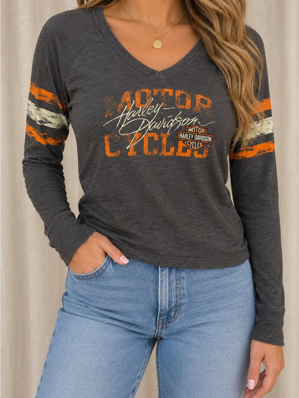 Harley Davidson Womens 1X XL Long Sleeve V Neck Graphic Shirt Gray Orange